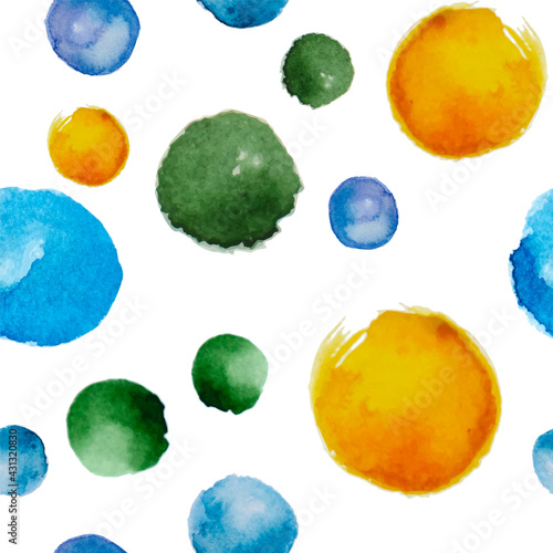 Abstract vector seamless pattern with watercolor blots.Colorful decorative elements for the packaging design, backgrounds, banners, label. Blue, green, orange textured spots. Imitation of hand drawing