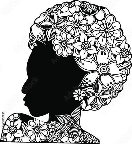 Black woman with flowers mandala, afro girl, african american