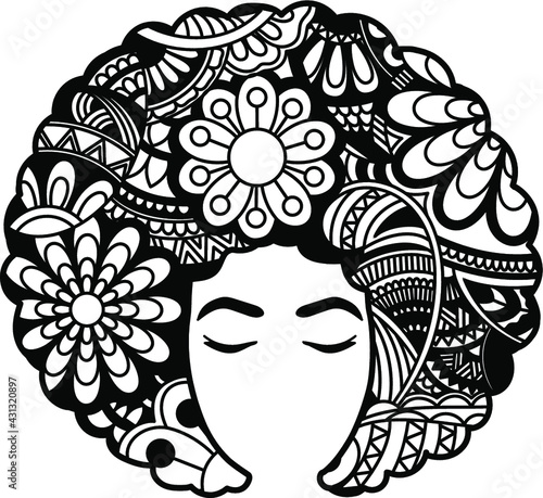 Black woman with flowers mandala, afro girl, african american