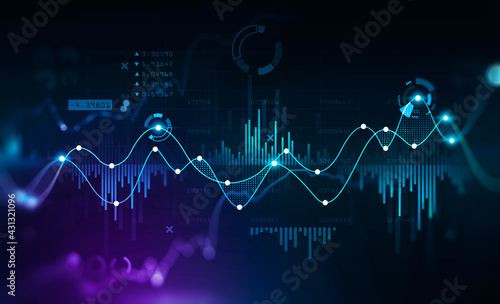 Virtual stock market lines and financial charts over dark background. Concept of finance advisory and international consulting. Huds, numbers and line graphs