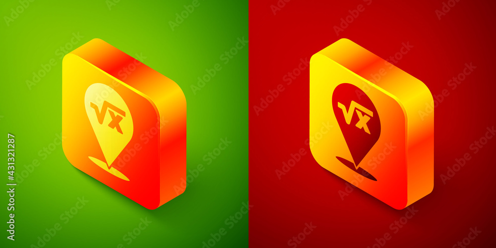 Isometric Square root of x glyph icon isolated on green and red background. Mathematical expression. Square button. Vector Isometric Square root of x glyph icon isolated on green and red background. Mathematical expression. Square button. Vector
