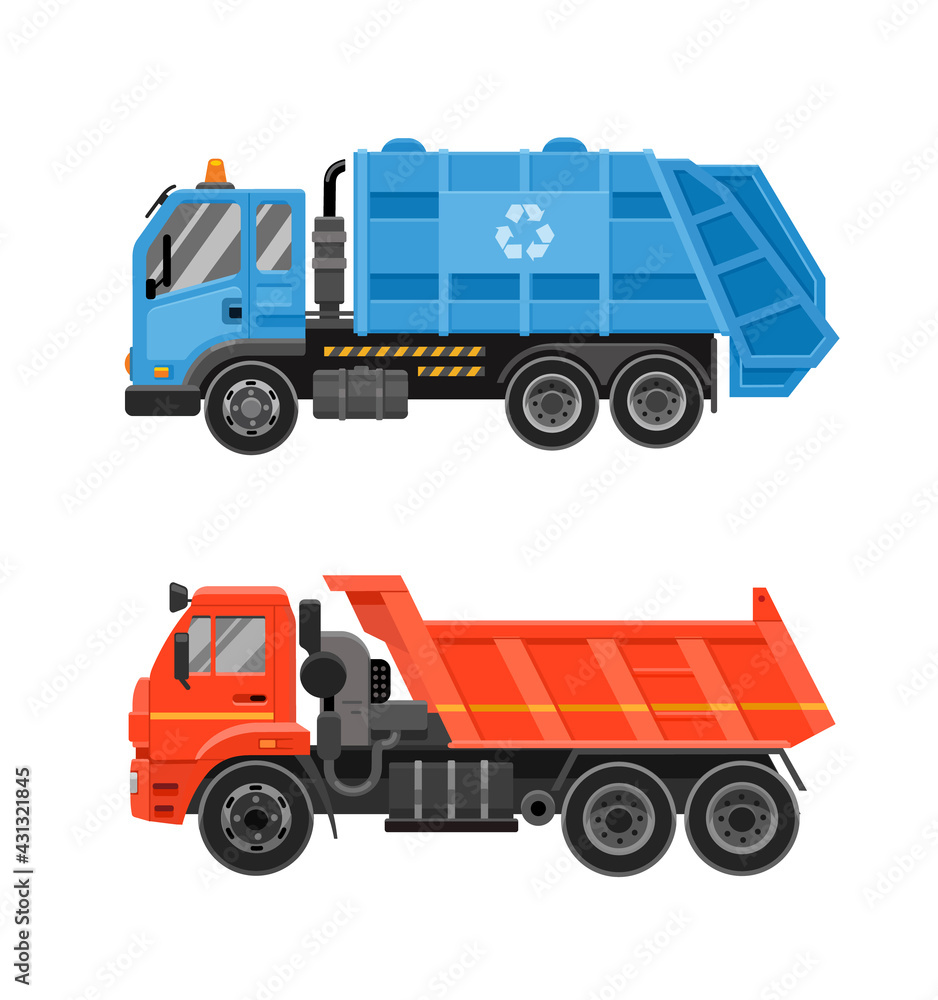 Blue garbage truck with front loader and orange dump truck. Set. Special transport, flat side view. Vector illustration