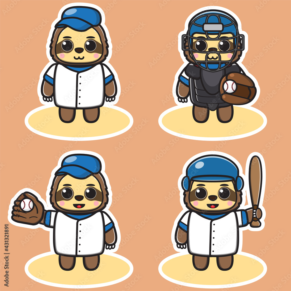 Vector illustration of cute Little Sloth Baseball cartoon set. Good for icon, logo, label, sticker, clipart.