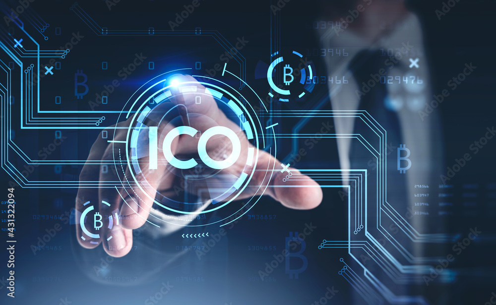 Crypto currency financial circuit of ICO procedure. Bitcoin rates after initial coin offering, internet trading concept, business person touching hud by finger. Double exposure