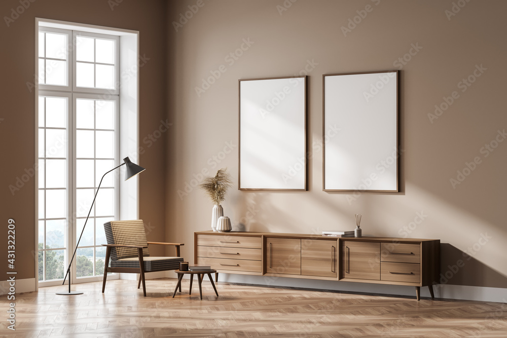 Fototapeta premium Living room interior with armchair and two white empty posters