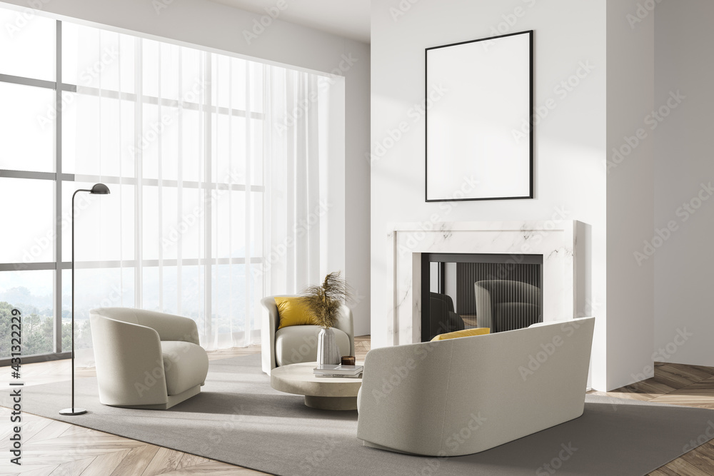White living room interior with fireplace, seats and window, mockup poster White living room interior with fireplace, seats and window, mockup poster
