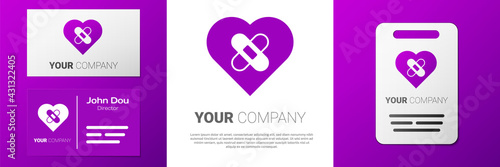 Logotype Healed broken heart or divorce icon isolated on white background. Shattered and patched heart. Love symbol. Valentines day. Logo design template element. Vector