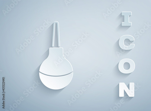 Paper cut Enema icon isolated on grey background. Enema with a plastic tip. Medical pear. Paper art style. Vector
