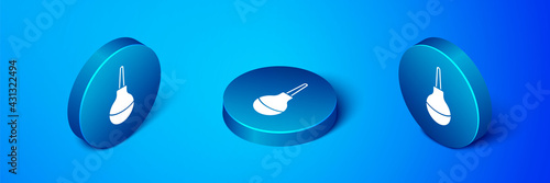 Isometric Enema icon isolated on blue background. Enema with a plastic tip. Medical pear. Blue circle button. Vector