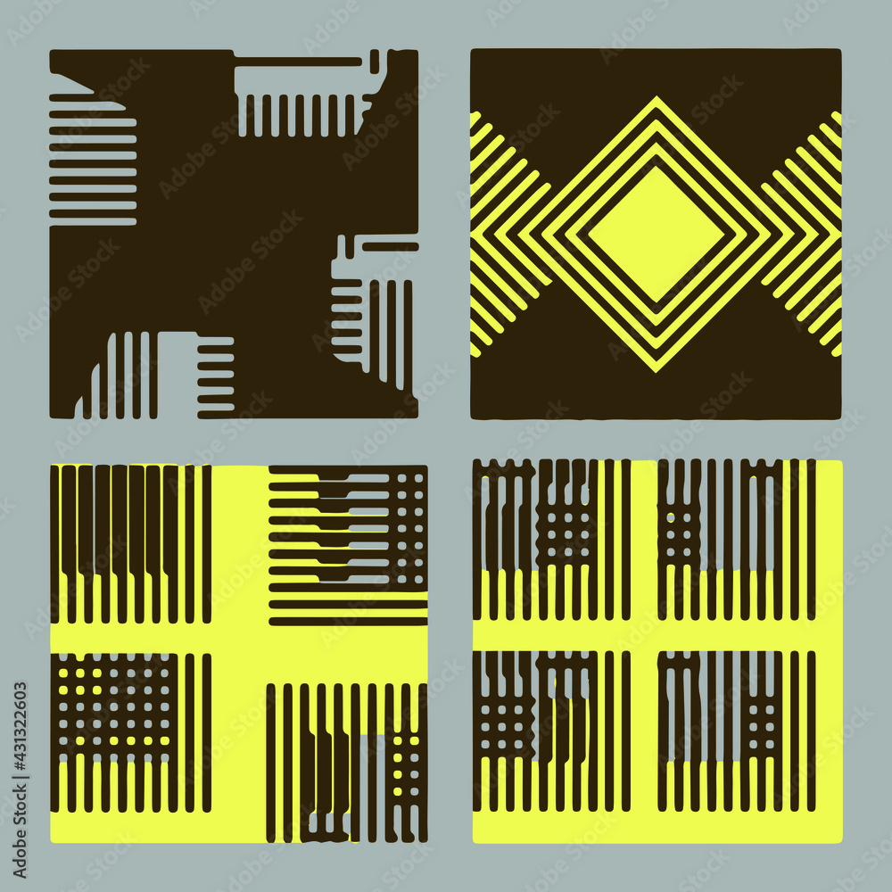 Set of shapes made of curved stripes. Mosaic with geometric shapes. Seamless pattern. Design with manual hatching. Textile. Ethnic boho ornament. Vector illustration for web design or print. Set of shapes made of curved stripes. Mosaic with geometric shapes. Seamless pattern. Design with manual hatching. Textile. Ethnic boho ornament. Vector illustration for web design or print.
