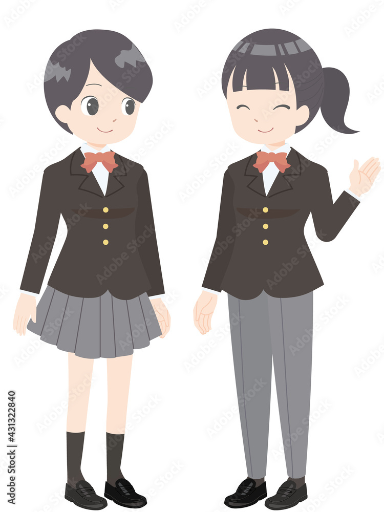 スカートとスラックの制服を着る女子生徒のイラスト スカートとスラックの制服を着る女子生徒のイラスト