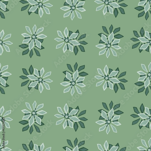 Bloom spring seamless doodle pattern with simple carnation flowers silhouettes. Green background.