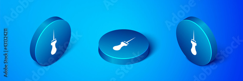 Isometric Awl tool with wooden handle icon isolated on blue background. Work equipment tailor industry. Blue circle button. Vector