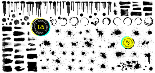 Grunge bundle. Paint stains. Ready for use brushes. Highly detailed grunge textures set. Frames and backgrounds collection. Ink splatter.