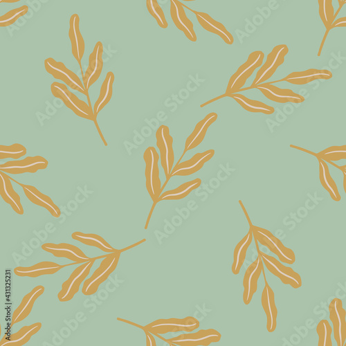 Pale tones floral seamless pattern with random foliage leaves orange silhouettes. Turquoise background.