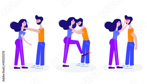 Self-defense. Self-defense technique for a woman. Protection from bullies. Vector educational illustration.