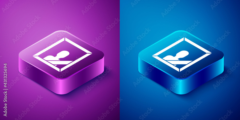 Isometric Mourning photo frame with black ribbon icon isolated on blue and purple background. Funeral ceremony and condolence card layout. Square button. Vector Isometric Mourning photo frame with black ribbon icon isolated on blue and purple background. Funeral ceremony and condolence card layout. Square button. Vector