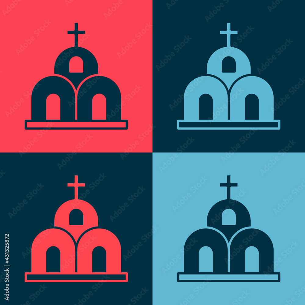 Pop art Church building icon isolated on color background. Christian Church. Religion of church. Vector