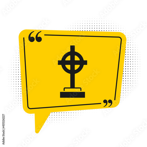 Black Grave with cross icon isolated on white background. Yellow speech bubble symbol. Vector
