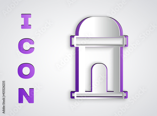 Paper cut Old crypt icon isolated on grey background. Cemetery symbol. Ossuary or crypt for burial of deceased. Paper art style. Vector