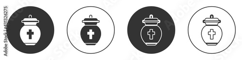 Black Funeral urn icon isolated on white background. Cremation and burial containers, columbarium vases, jars and pots with ashes. Circle button. Vector