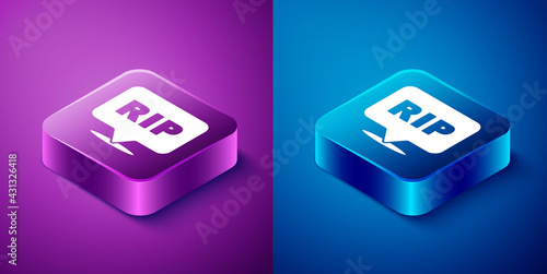 Isometric Speech bubble rip death icon isolated on blue and purple background. Square button. Vector