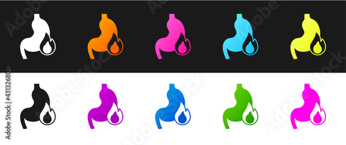 Set Stomach heartburn icon isolated on black and white background. Stomach burn. Gastritis and acid reflux, indigestion and stomach pain problems. Vector