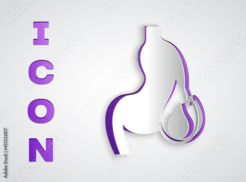 Paper cut Stomach heartburn icon isolated on grey background. Stomach burn. Gastritis and acid reflux, indigestion and stomach pain problems. Paper art style. Vector