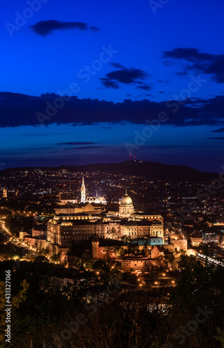 Hungary, Budapest at night view from Gellert mountain to the Buda fortress, night city