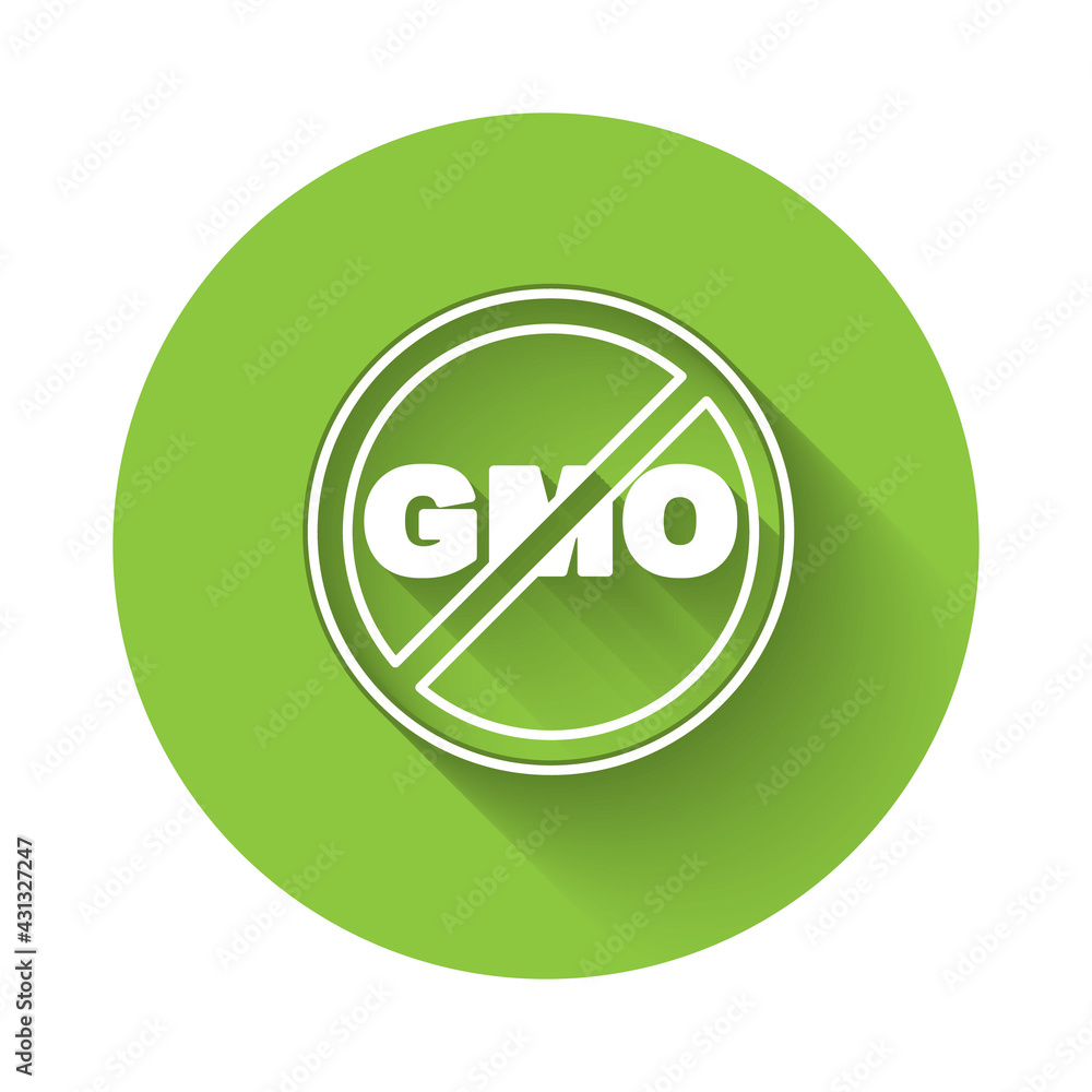 White No GMO icon isolated with long shadow. Genetically modified organism acronym. Dna food modification. Green circle button. Vector White No GMO icon isolated with long shadow. Genetically modified organism acronym. Dna food modification. Green circle button. Vector