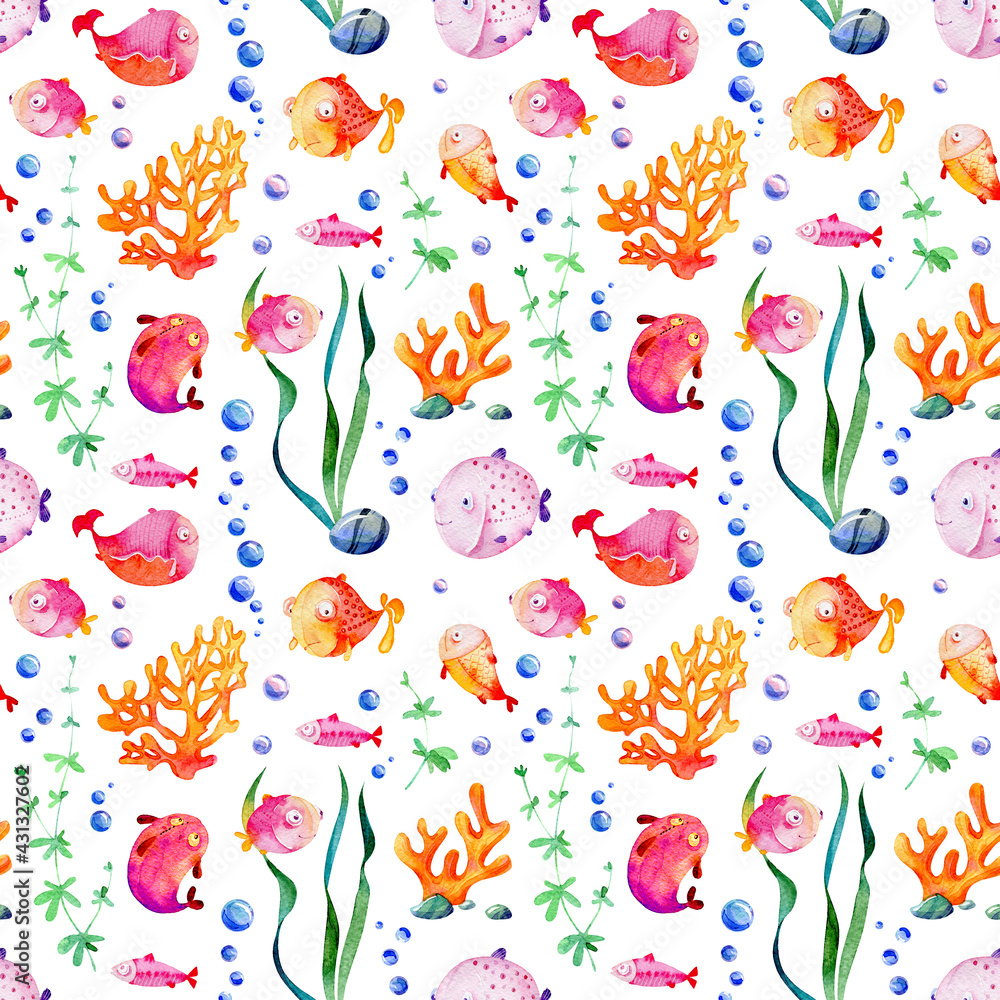 Watercolor underwater seamless pattern. Seaweed, fishes, corals, air bubbles and stones on a white background.  