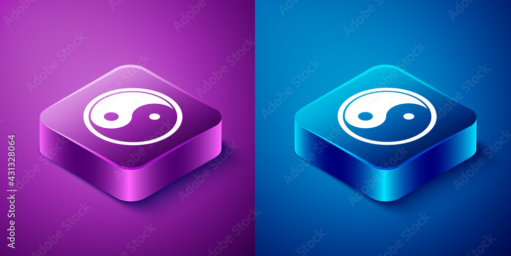 Isometric Yin Yang symbol of harmony and balance icon isolated on blue and purple background. Square button. Vector Isometric Yin Yang symbol of harmony and balance icon isolated on blue and purple background. Square button. Vector