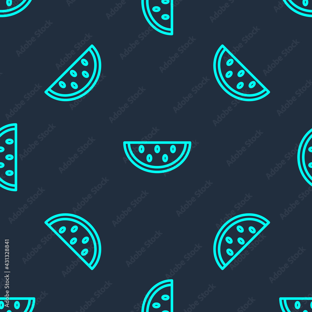 Green line Watermelon icon isolated seamless pattern on blue background. Vector