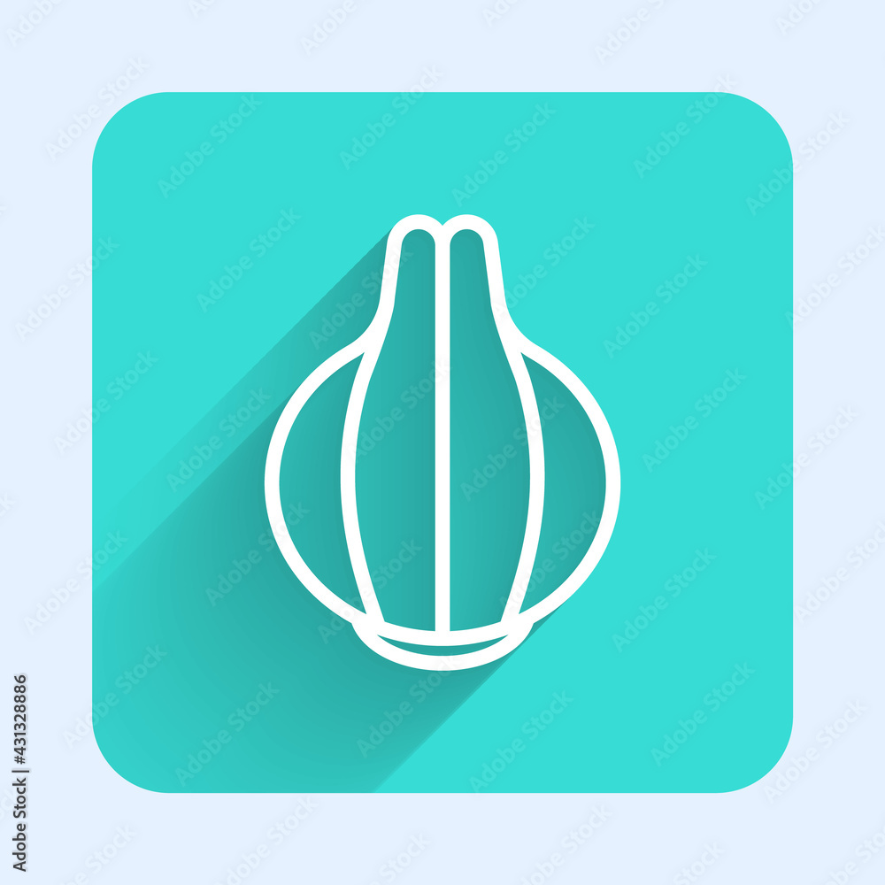 White line Onion icon isolated with long shadow. Green square button. Vector White line Onion icon isolated with long shadow. Green square button. Vector