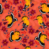 Seamless pattern with hoopoe birds and flowers. Vector graphics