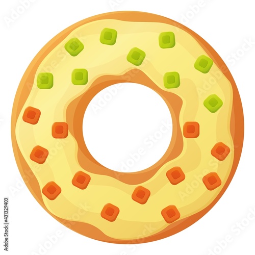 Bright doughnut with cream glaze and gummies. No diet day symbol, unhealthy food, sweet fastfood, sugar snack, extra calories concept. Stock vector illustration isolated on white background in cartoon