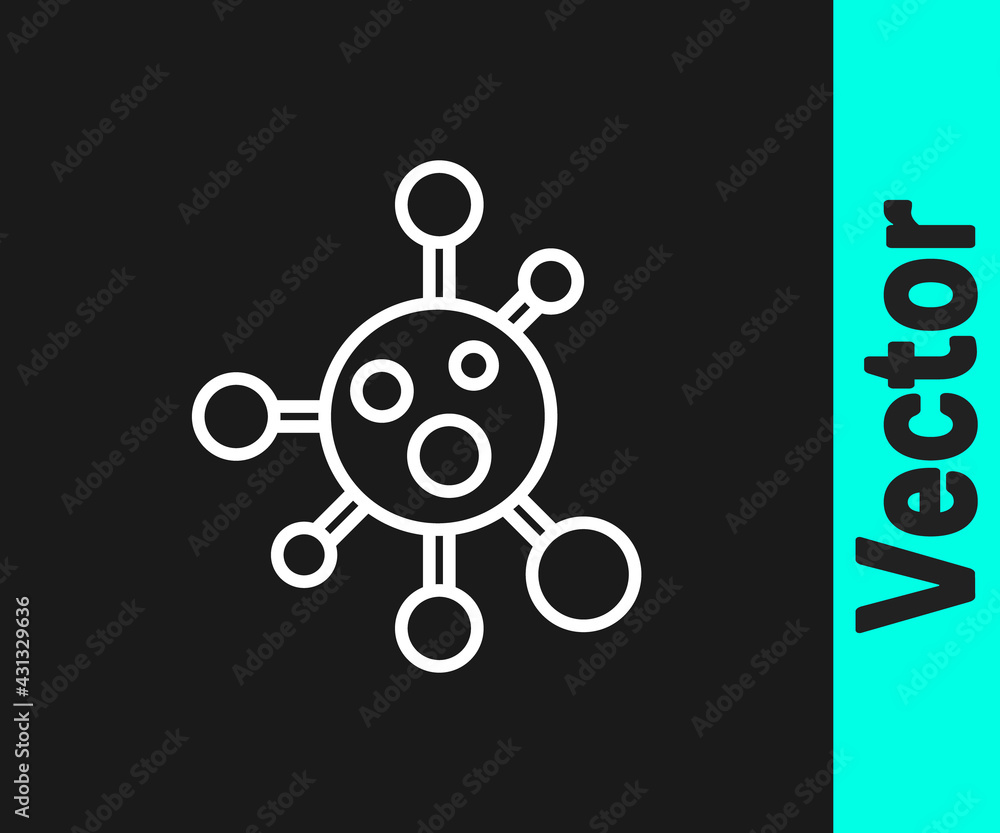 White line Molecule icon isolated on black background. Structure of molecules in chemistry, science teachers innovative educational poster. Vector