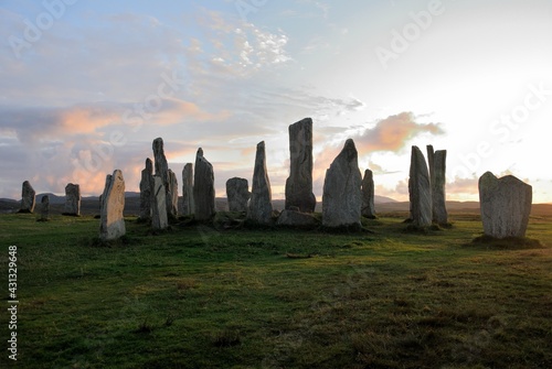 The view of the 5,000 years old Neolithic era Callanish Stones near the village of Callanish (Calanais) on the west coast of Lewis in the Outer Hebrides, Scotland, UK