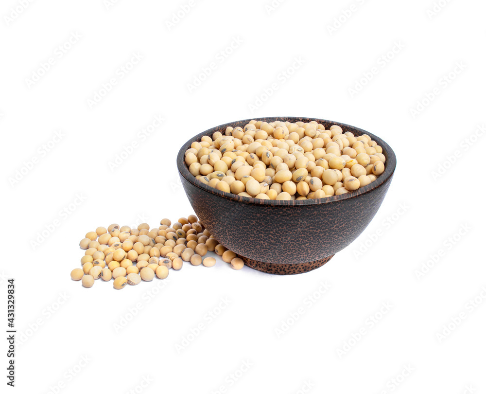 Soybean seeds in wooden bowl isolated on white background. Soybean seeds in wooden bowl isolated on white background.