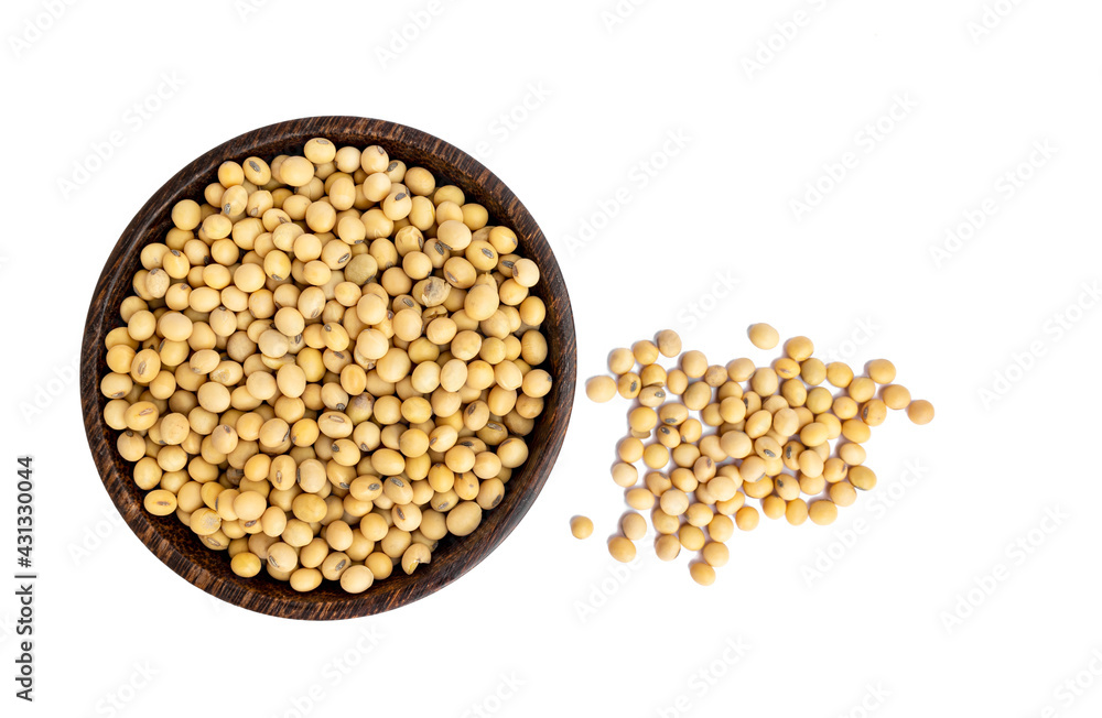 Top view of soybean seeds in wooden bowl isolated on white background Top view of soybean seeds in wooden bowl isolated on white background