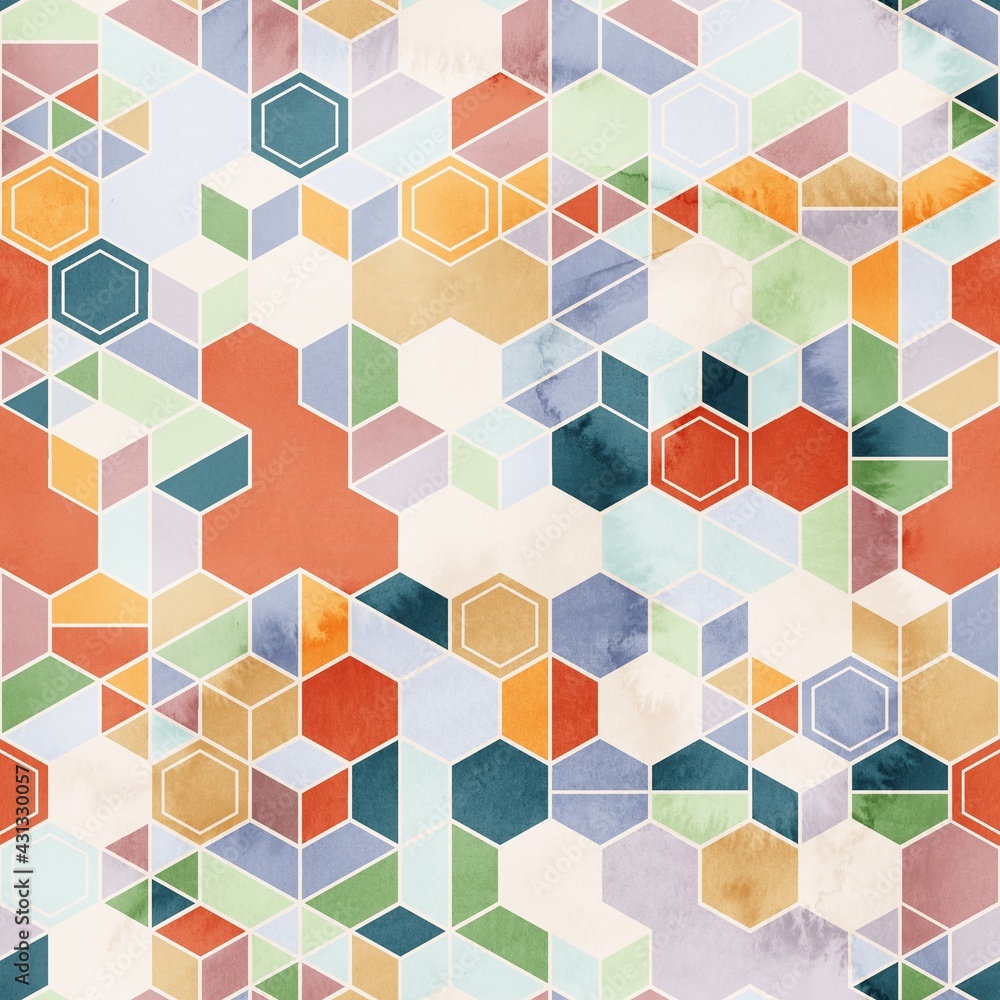 Seamless pattern of hexagons in random colors in watercolor. High quality illustration. Tile mosaic arrangement of triangles, trapezoids, and hexagons, in honeycomb arrangement. Design for print. Seamless pattern of hexagons in random colors in watercolor. High quality illustration. Tile mosaic arrangement of triangles, trapezoids, and hexagons, in honeycomb arrangement. Design for print.