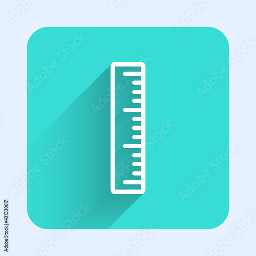 White line Ruler icon isolated with long shadow. Straightedge symbol. Green square button. Vector