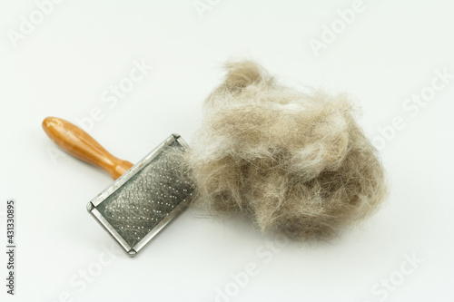 Cat brush with cat hair clump isolated on white, Long hair cat maintenance photo