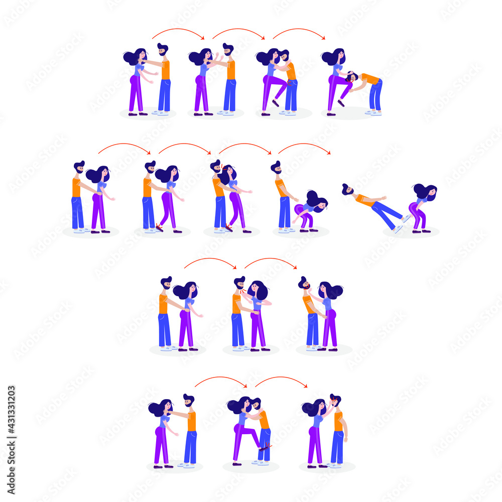 Self-defense. A group of four self-defense techniques for a woman. Step by step actions. Protection from bullies. Vector educational illustration.