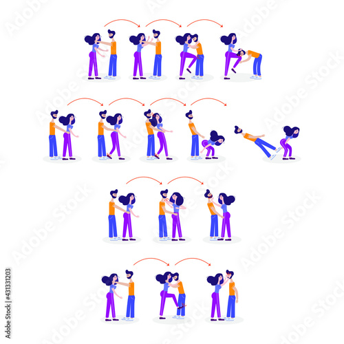 Self-defense. A group of four self-defense techniques for a woman. Step by step actions. Protection from bullies. Vector educational illustration.