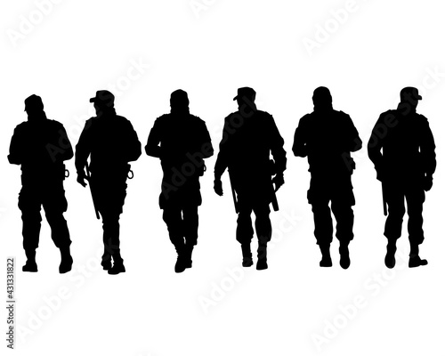 Special police forces arrested the demonstrator. Isolated silhouettes on a white background