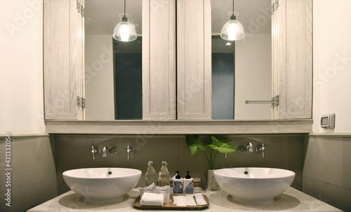 bathroom interior design whit white basin and bath amenities