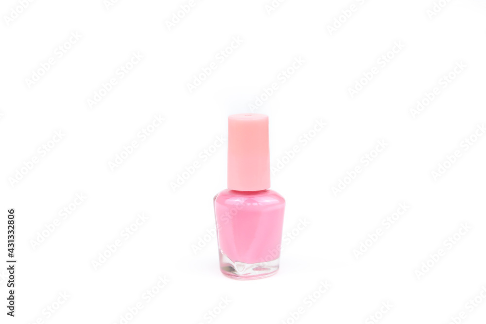 Nail polish small glass bottle. Unbranded mockup of pink nailpolish isolated on white background with copy space. Professional manicure concept. Nail polish small glass bottle. Unbranded mockup of pink nailpolish isolated on white background with copy space. Professional manicure concept.