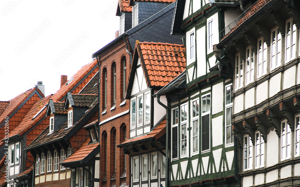 famous historic half-timbered houses in hildesheim, germany, street view famous historic half-timbered houses in hildesheim, germany, street view