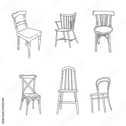 Trendy Scandinavian flat chairs. Interior design illustration. Dinning and living room chairs. 